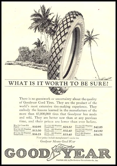 Goodyear Cord Tires advertisement: What Is It Worth To Be Sure?