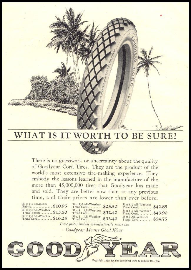 Goodyear Cord Tires advertisement: What Is It Worth To Be Sure? — historic image