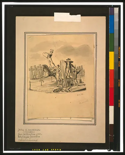 [Circus scene showing a man (magician?) standing on a table holding a curtain, standing to the right is a clown with a horn, on the left a man is balancing on one foot on a moving horse while another performer stands nearby, the audience stands in the background] / J.A.W.