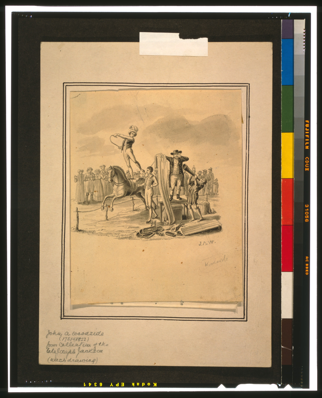[Circus scene showing a man (magician?) standing on a table holding a curtain, standing to the right is a clown with a horn, on the left a man is balancing on one foot on a moving horse while another performer stands nearby, the audience stands in the background] / J.A.W., [between 1820 and 1835] — historic drawing