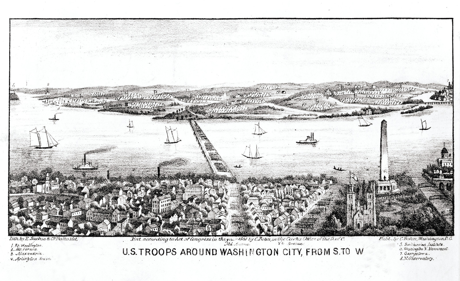 Camps of U.S. Troops around Washington City, from S. to W. [1861], 1861 — antique lithograph