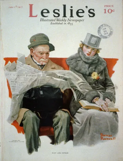 Fact and Fiction" [old man reading newspaper beside young woman reading book]"