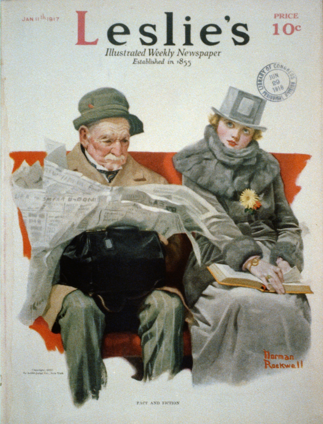 Fact and Fiction" [old man reading newspaper beside young woman reading book]", 1917 — historic print