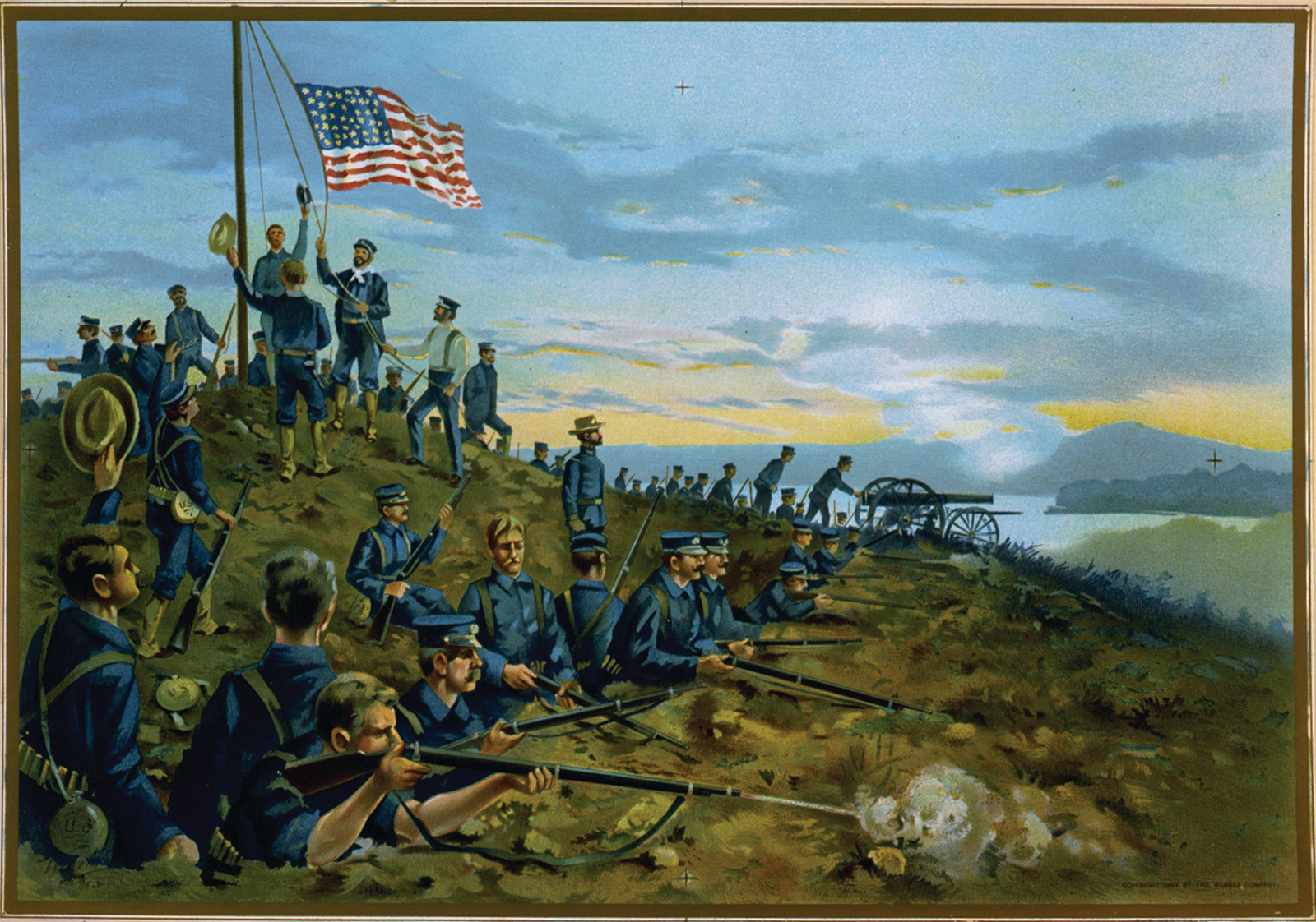U.S. Navy--First Hoisting Of The Stars And Stripes By The Marines On Cuban Soil--June 11th, 1898, c. 1898 — historic print
