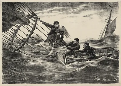 Sailors rescuing a man from rough sea beside a boat