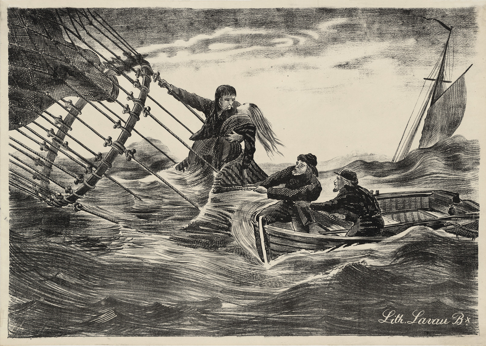 Sailors rescuing a man from rough sea beside a boat — historic image