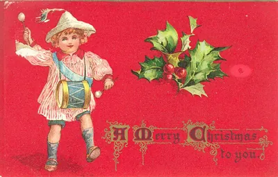 Vintage Christmas card with drummer boy and holly