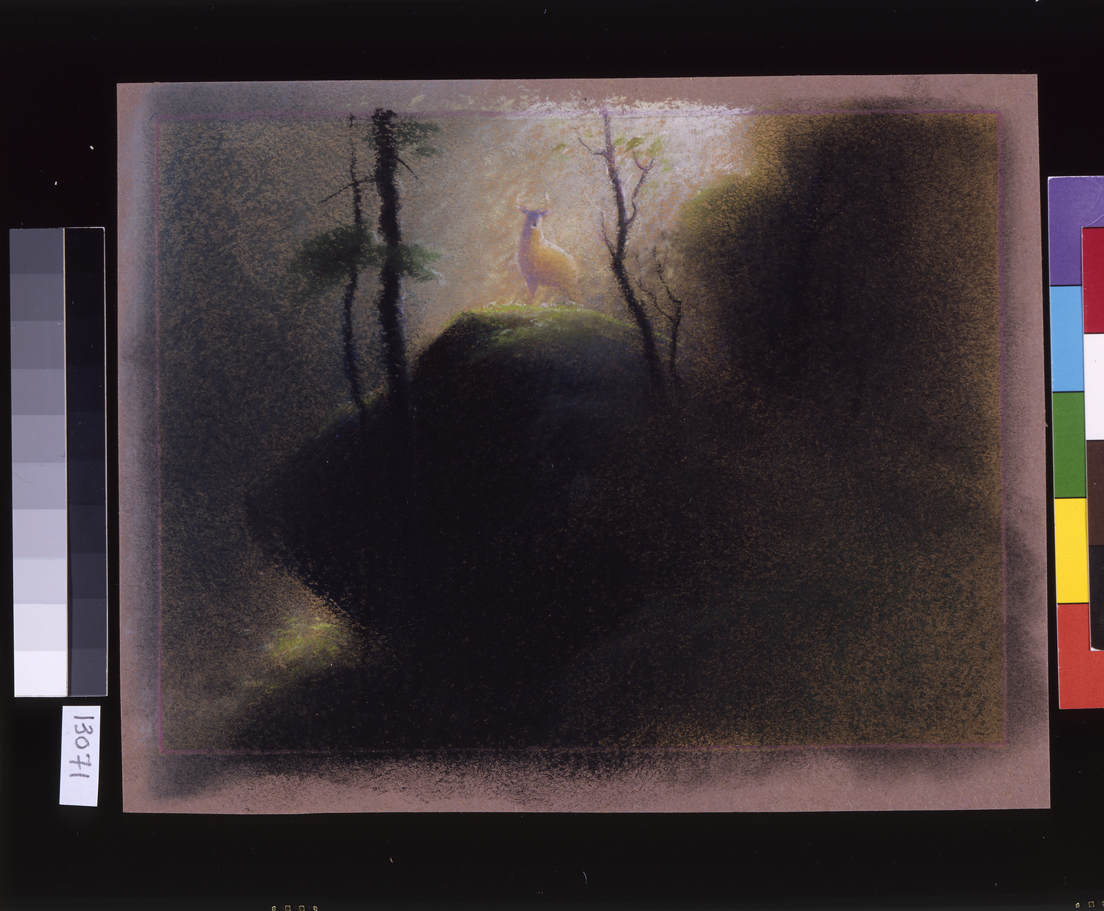 [Stag on top of rocky tor with sparse trees - impressionistic storyboard drawing] — historic drawing