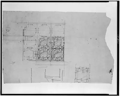 Pencil architectural drawing of geometric plan details