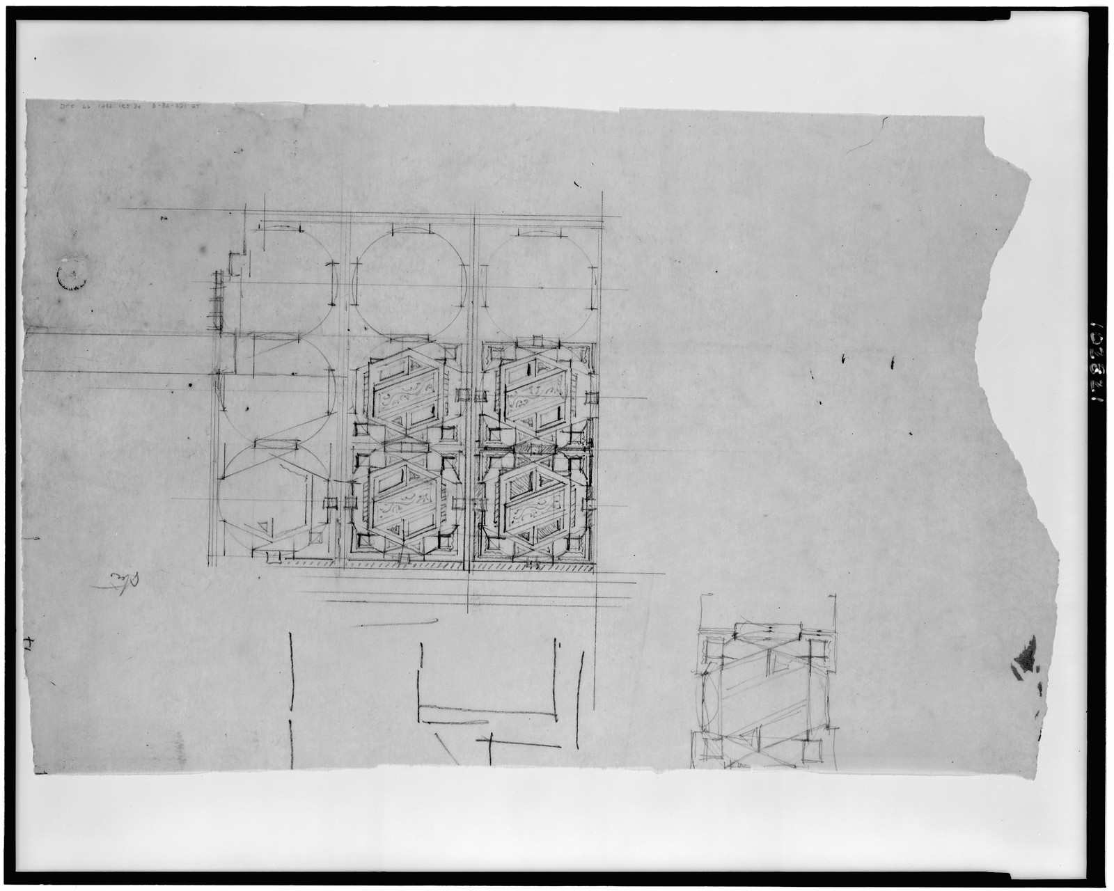Pencil architectural drawing of geometric plan details — historic drawing