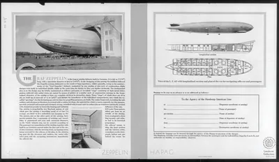 [Brochure for Hamburg-America Line advertising Zeppelin passenger trips, ca. 190-: repr. of photos of Graf Zeppelin (LZ127) with description and sectional plans]