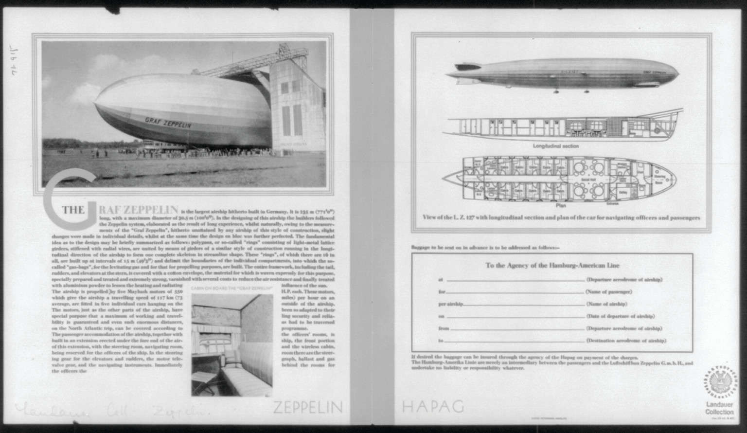 [Brochure for Hamburg-America Line advertising Zeppelin passenger trips, ca. 190-: repr. of photos of Graf Zeppelin (LZ127) with description and sectional plans] — historic print