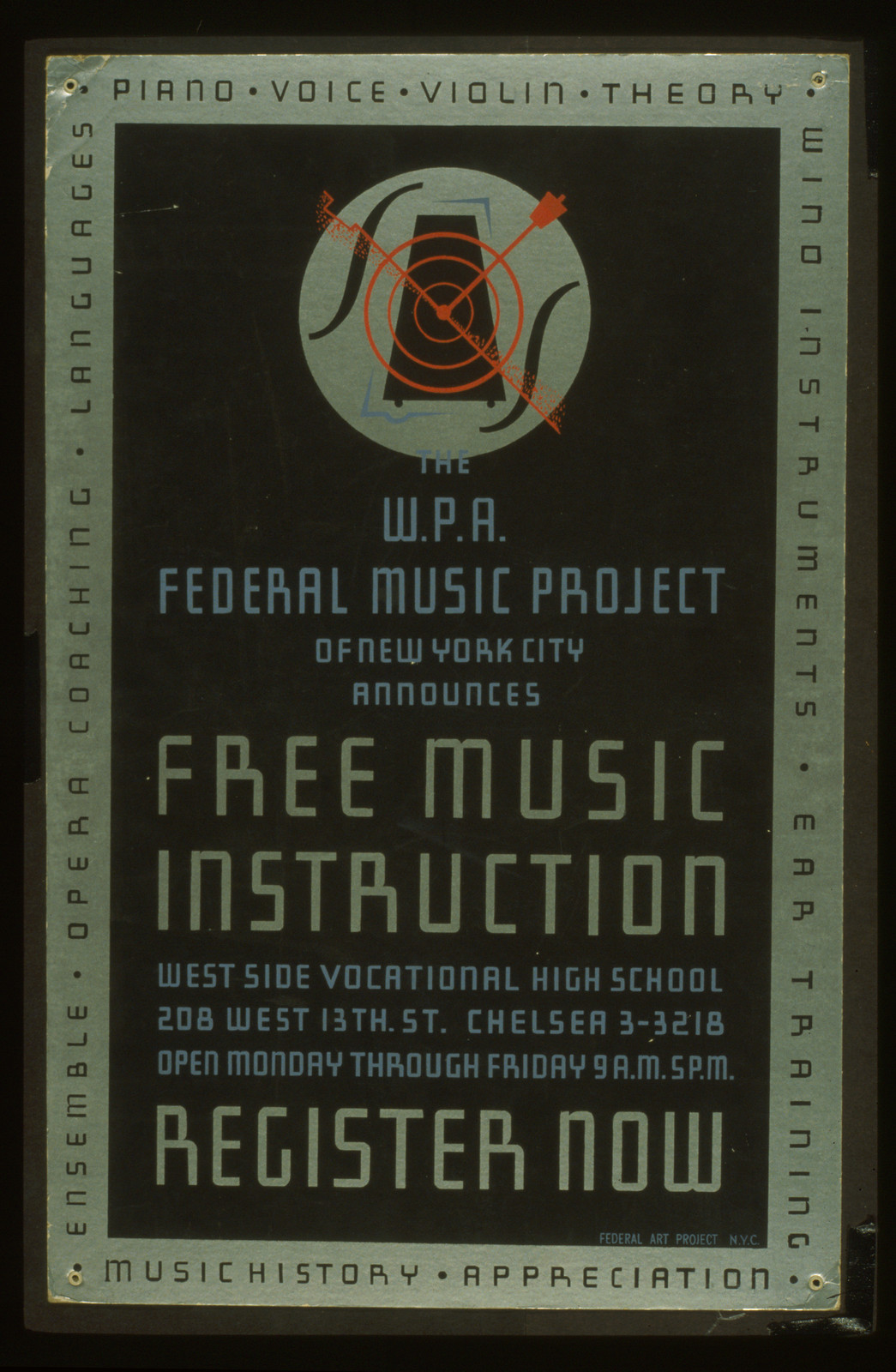 The W.P.A. Federal Music Project of New York City announces free music instruction -, 1938 — vintage poster