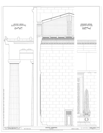 Lincoln Memorial section and elevation details at south wall