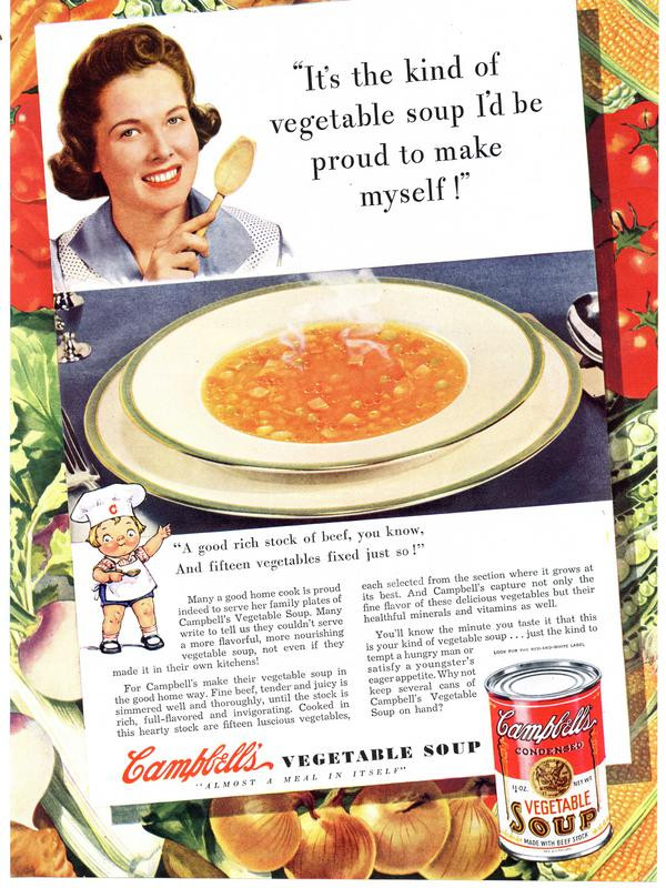 Campbell's Vegetable Soup magazine advertisement with woman holding a spoon — historic image