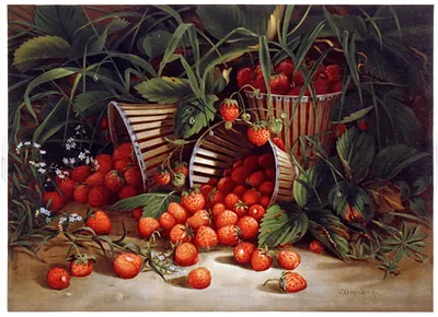 Strawberries spilling from baskets among leaves, signed V. Granberg