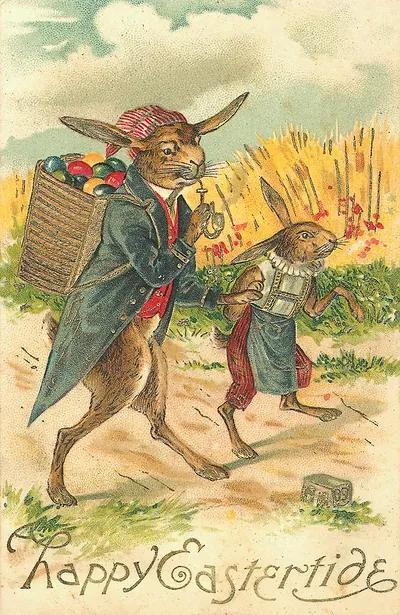 Happy Eastertide postcard with dressed rabbits carrying eggs