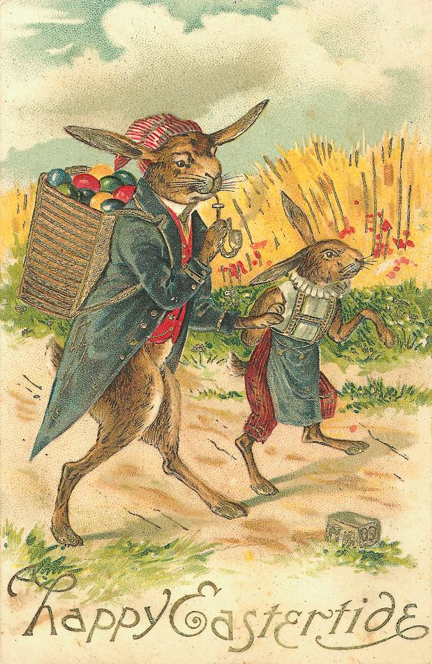 Happy Eastertide postcard with dressed rabbits carrying eggs — vintage postcard