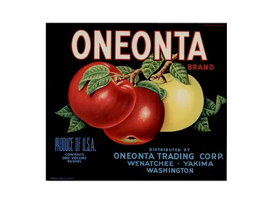 Oneonta Brand apple crate label, Produce of U.S.A.