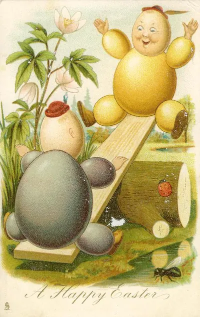 A Happy Easter postcard with egg-shaped children on a seesaw