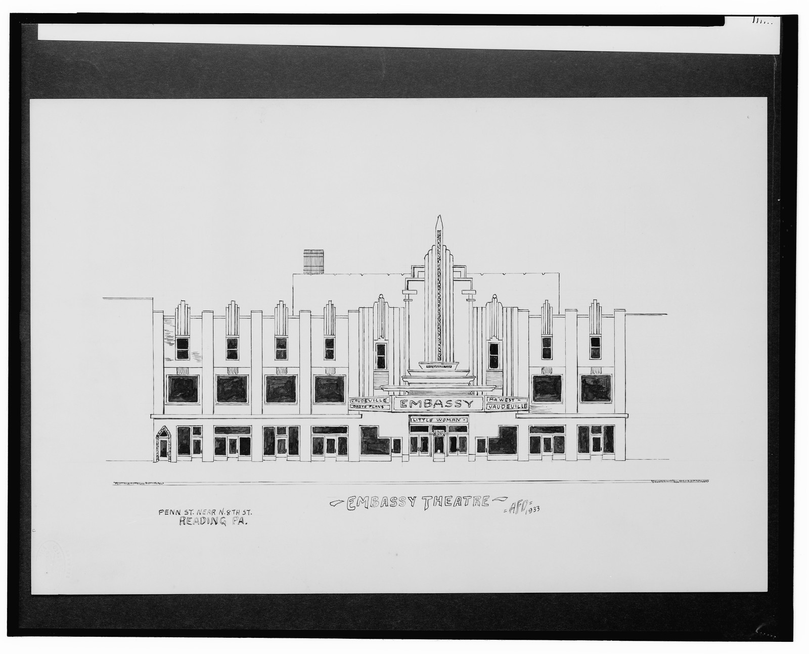 [Embassy Theatre, Penn St. near N. 8th St., Reading, Pennsylvania] / AFD 1933., And Engineering (ADE) Drawings — vintage poster