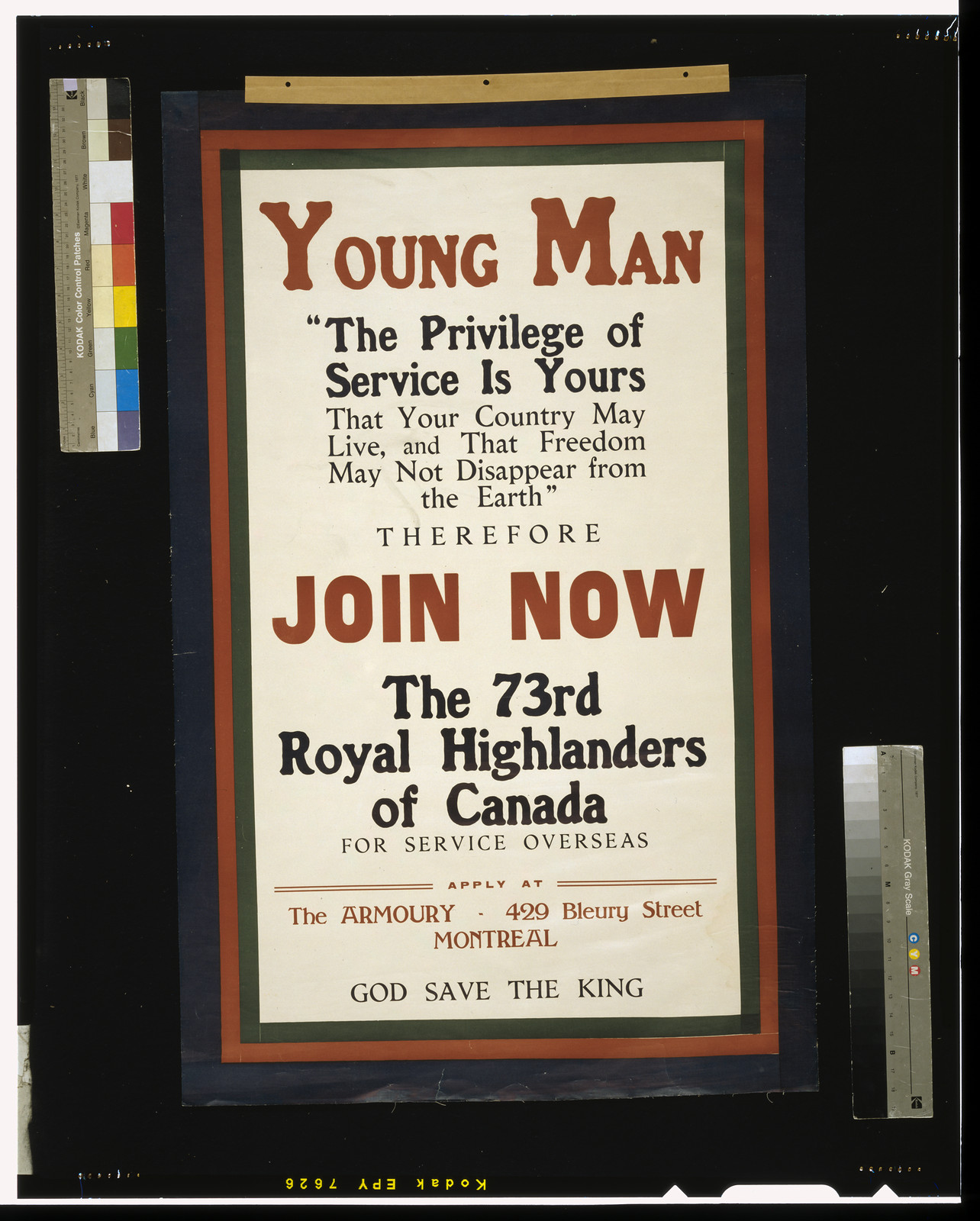 Young man ... join now the 73rd Royal Highlanders of Canada, 1914 — vintage poster