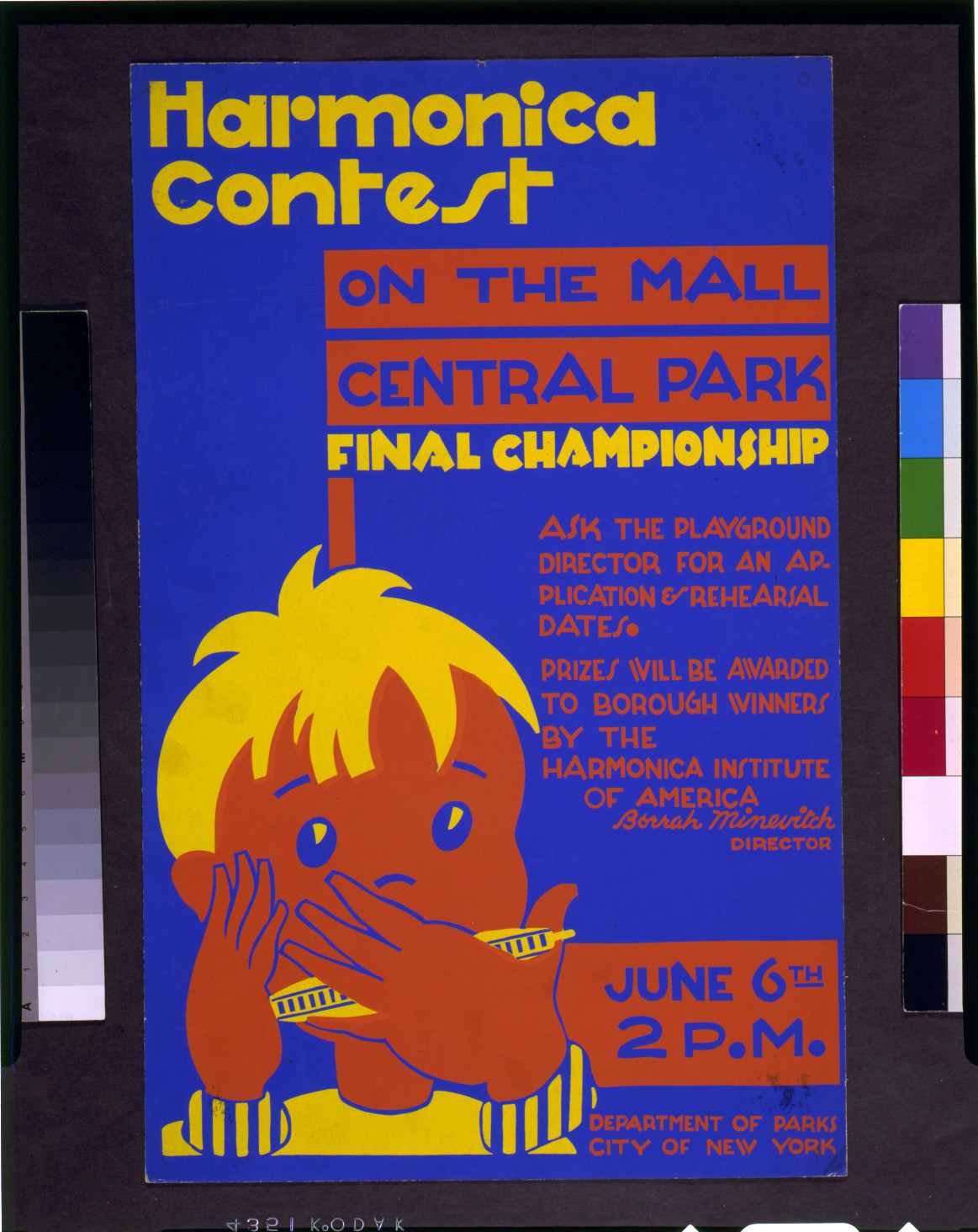 Harmonica contest on the mall Central Park Final championship., 1936 — vintage poster