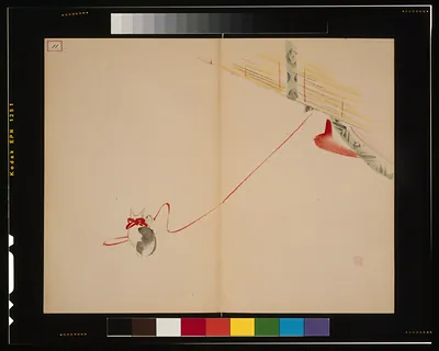 Cat with red ribbon chasing a red string