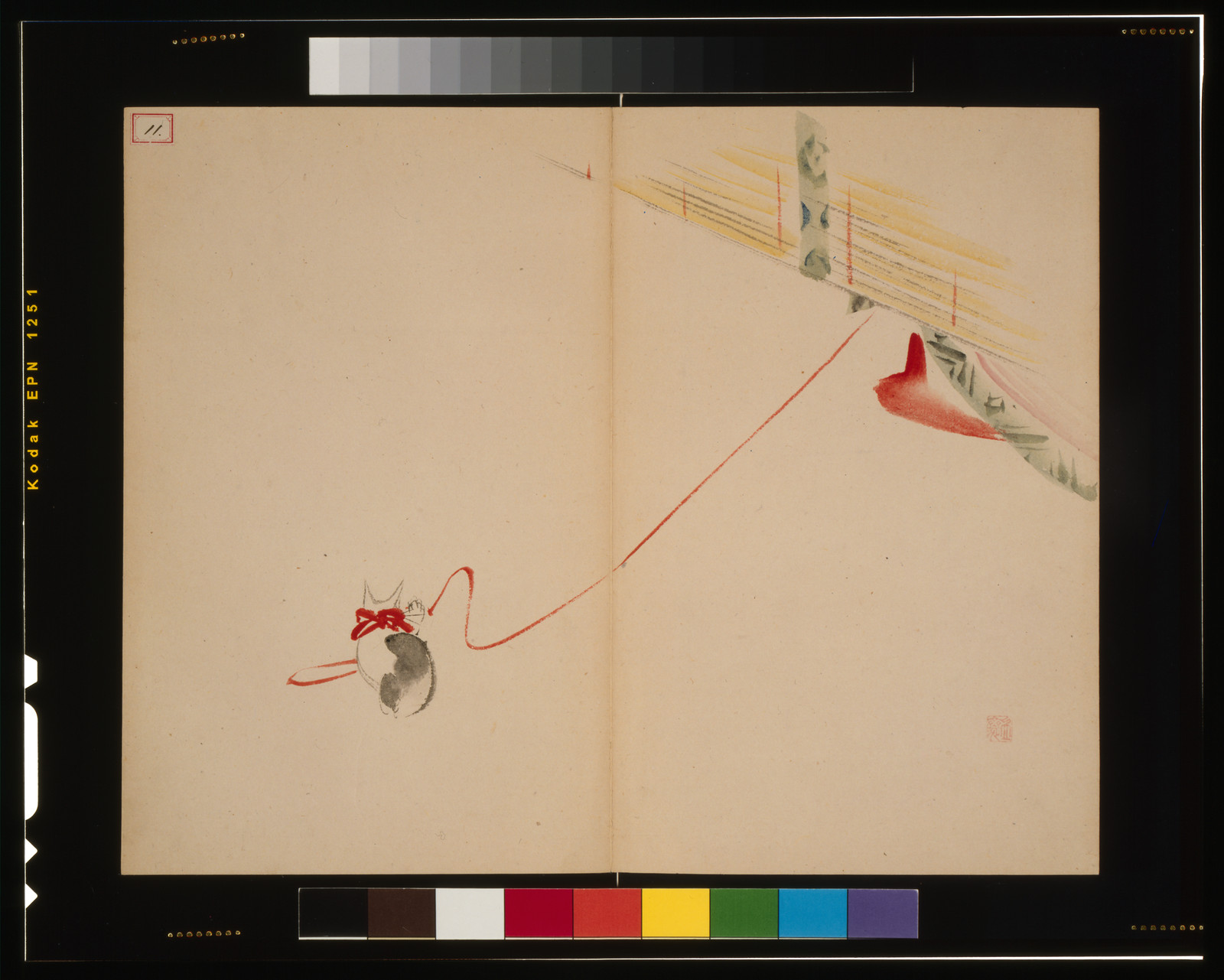 Cat with red ribbon chasing a red string — historic print