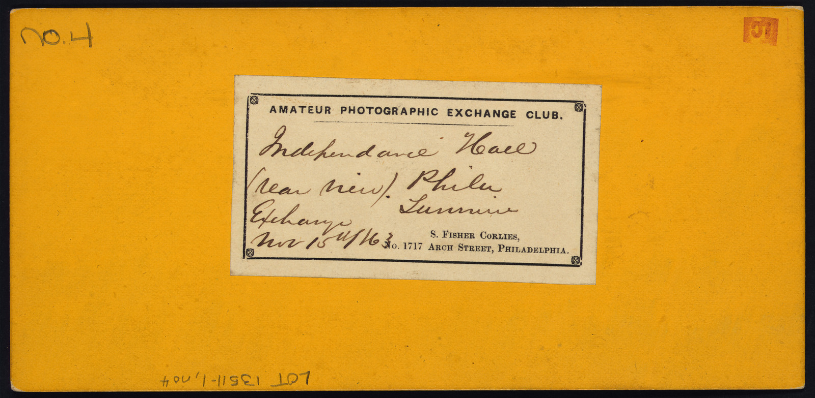 Reverse of photograph card labeled Independence Hall, Philadelphia — historic photograph