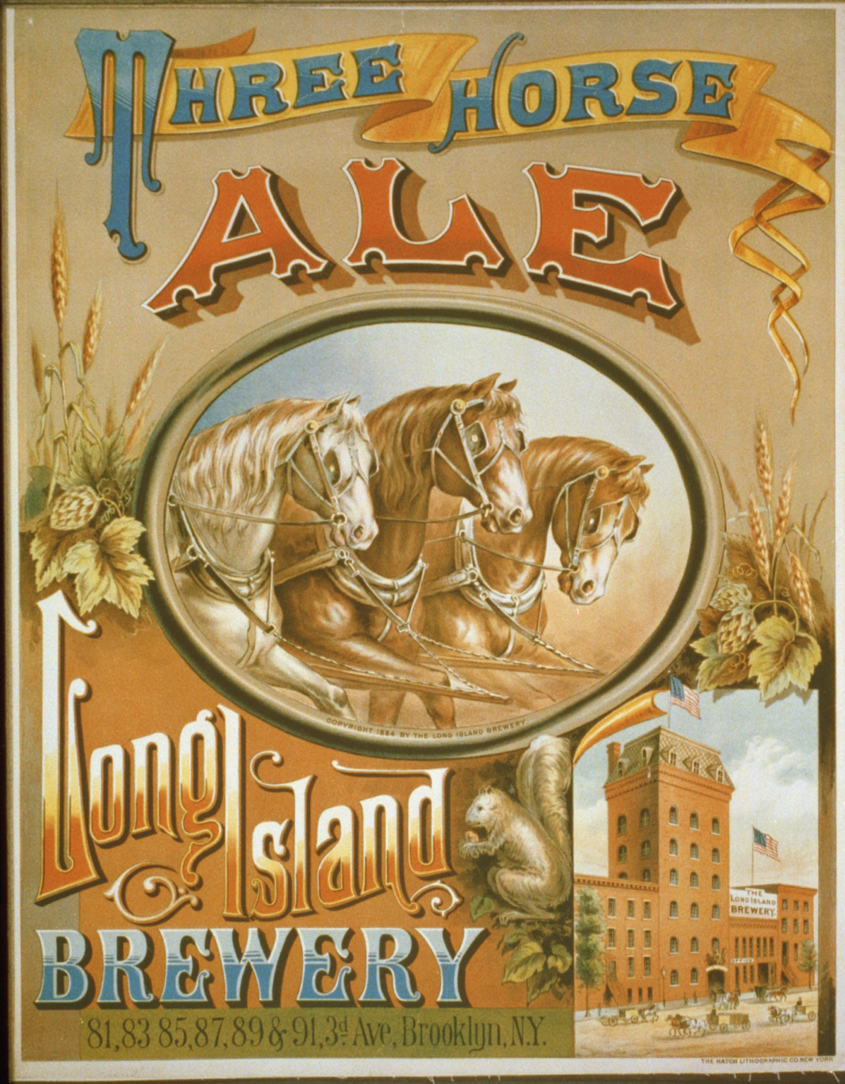 Three Horse Ale, Long Island Brewery advertising poster — vintage poster