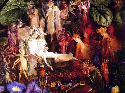 Fairies attending a reclining figure in a forest