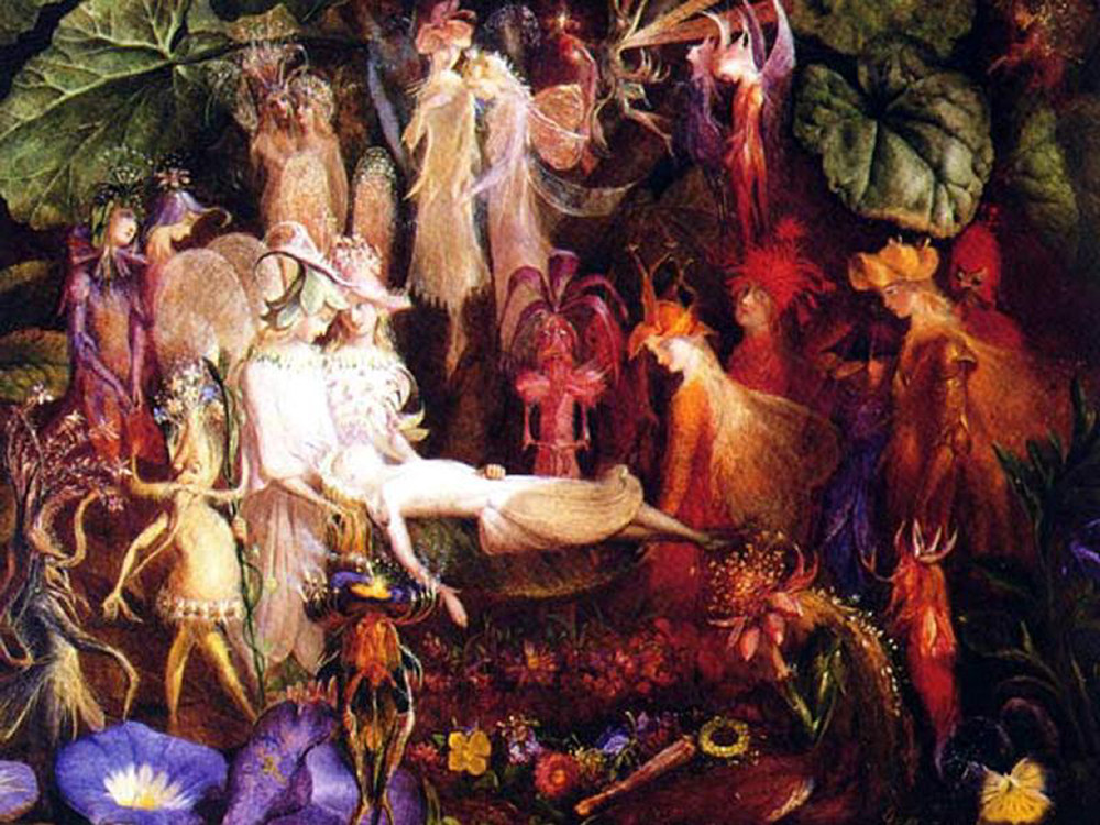 Fairies attending a reclining figure in a forest — historic image