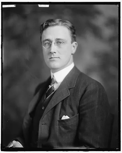 Studio portrait of a man in pinstripe suit and pince-nez