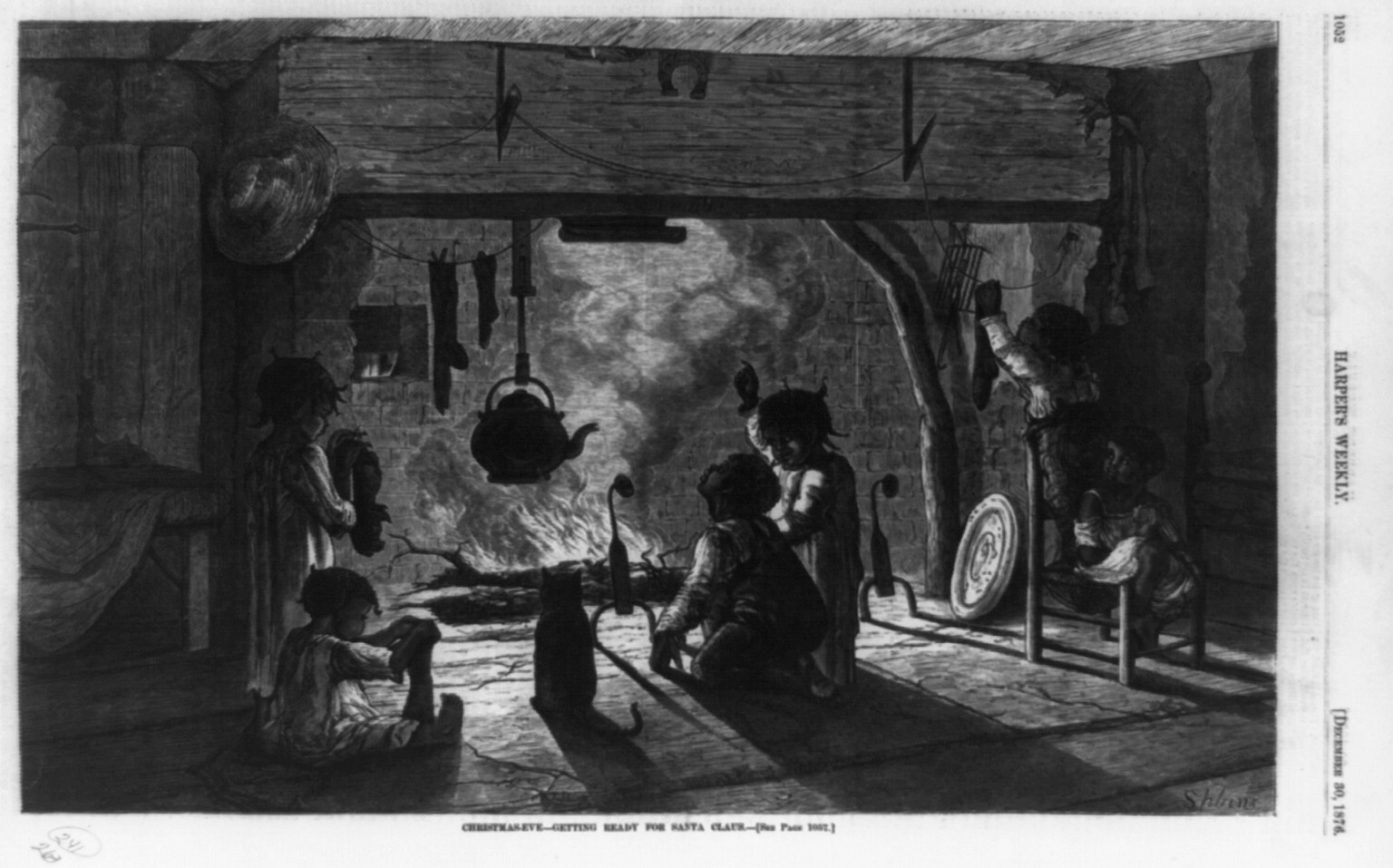 Christmas eve--getting ready for Santa Claus, [published 1876] — antique engraving