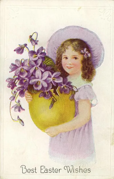 Best Easter Wishes postcard, girl with violets in egg vase