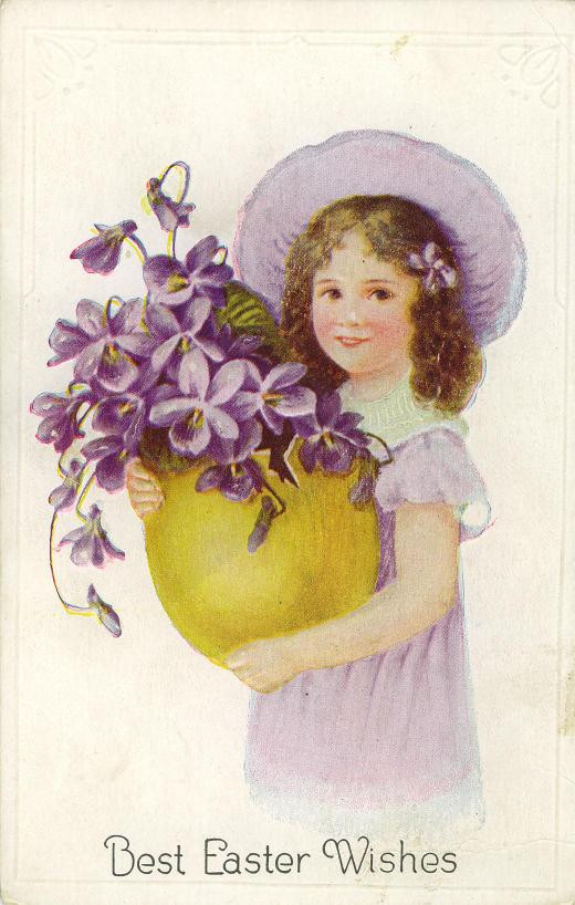 Best Easter Wishes postcard, girl with violets in egg vase — vintage postcard