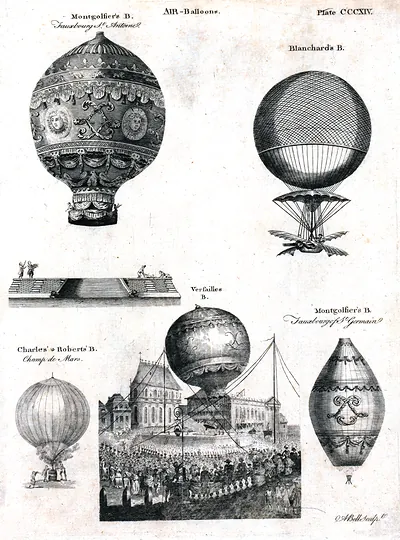 Air-Balloons: engraved plate showing Montgolfier and Blanchard balloons