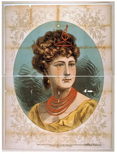 [Bust view of woman wearing treble clef headpiece yellow dress and red necklace]