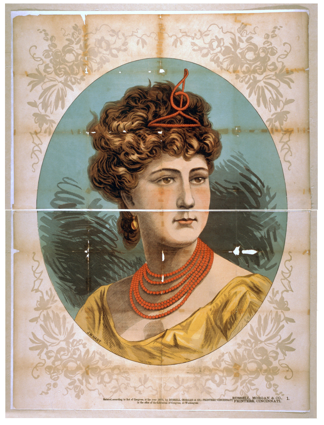 [Bust view of woman wearing treble clef headpiece yellow dress and red necklace], 1875 — vintage poster