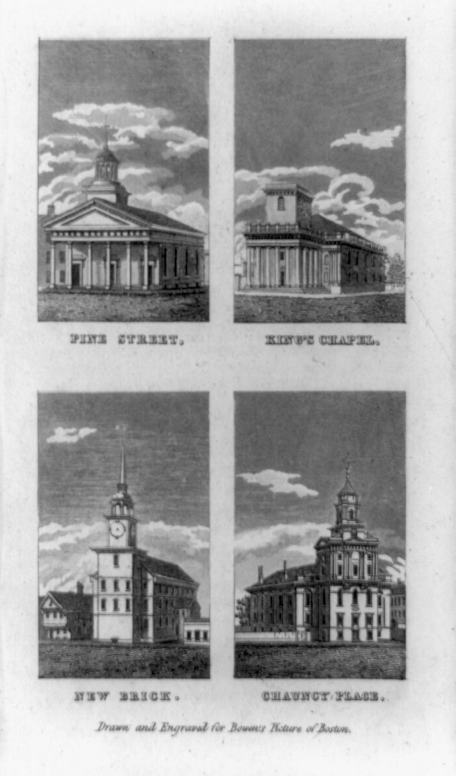 [Churches in Boston, Mass.: Pine Street, King's Chapel, News Brick and Chauncy Place], [ca. 1830] — antique engraving