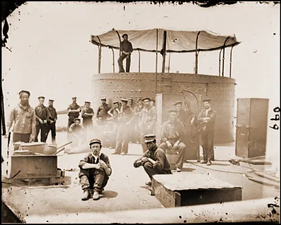 James River Va. Sailors on deck of U.S.S. Monitor; cookstove at left