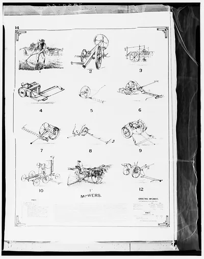 Plate of numbered mowers, with 'Mowers' printed, from agricultural implements book