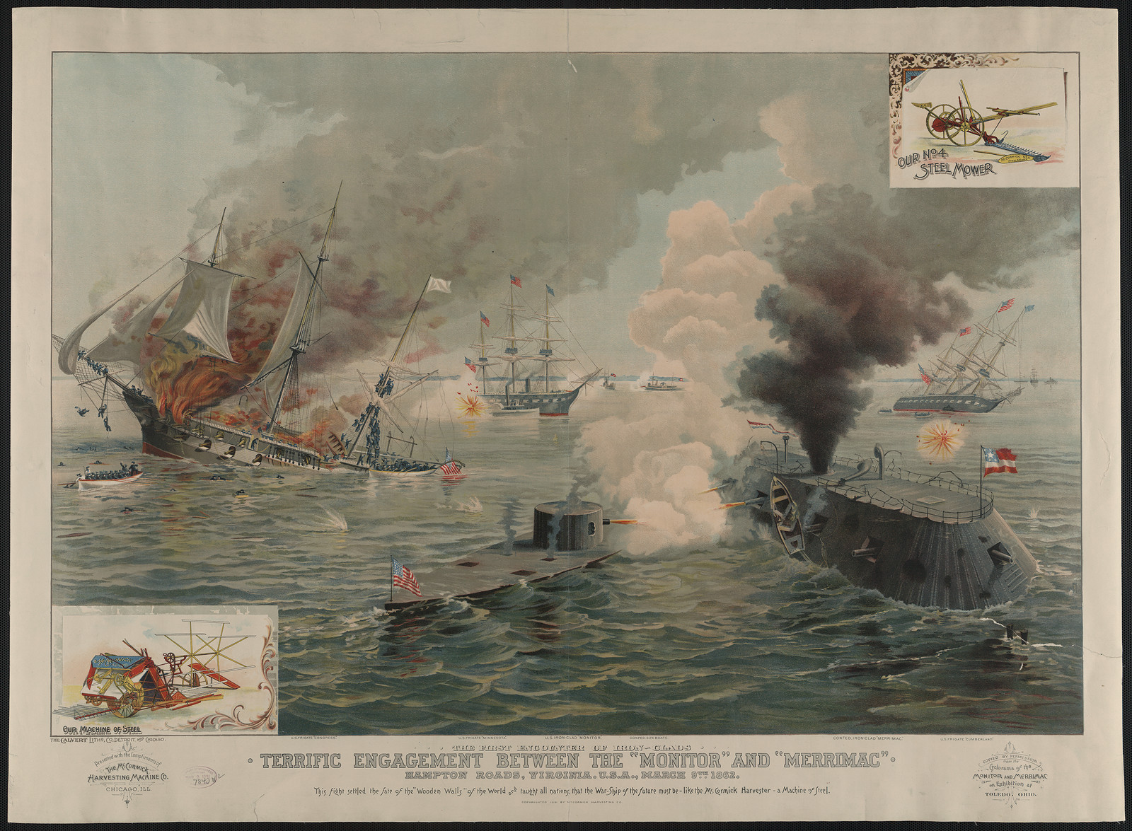 Terrific Engagement Between the Monitor and Merrimac, Hampton Roads, March 9, 1862 — historic image