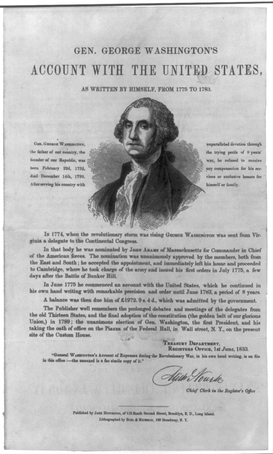 Gen. George Washington's Account with the United States, as written by himself, from 1775 to 1783, 1833 — antique engraving