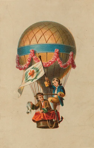Hot air balloon card with two children in basket