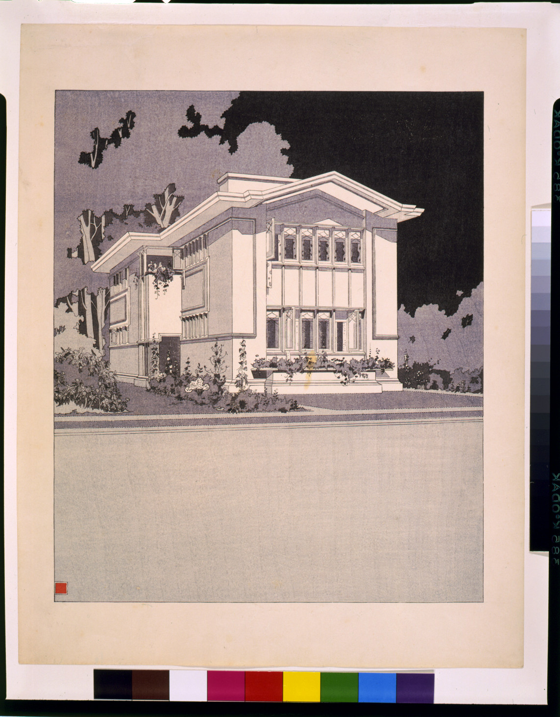 Prairie-style house illustration with garden and trees — historic image