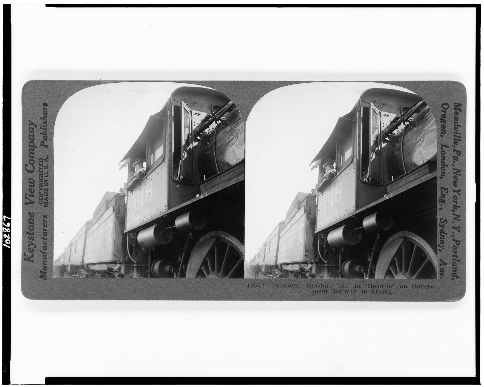 President Harding at the throttle on government railway in Alaska, 1923 — historic photograph