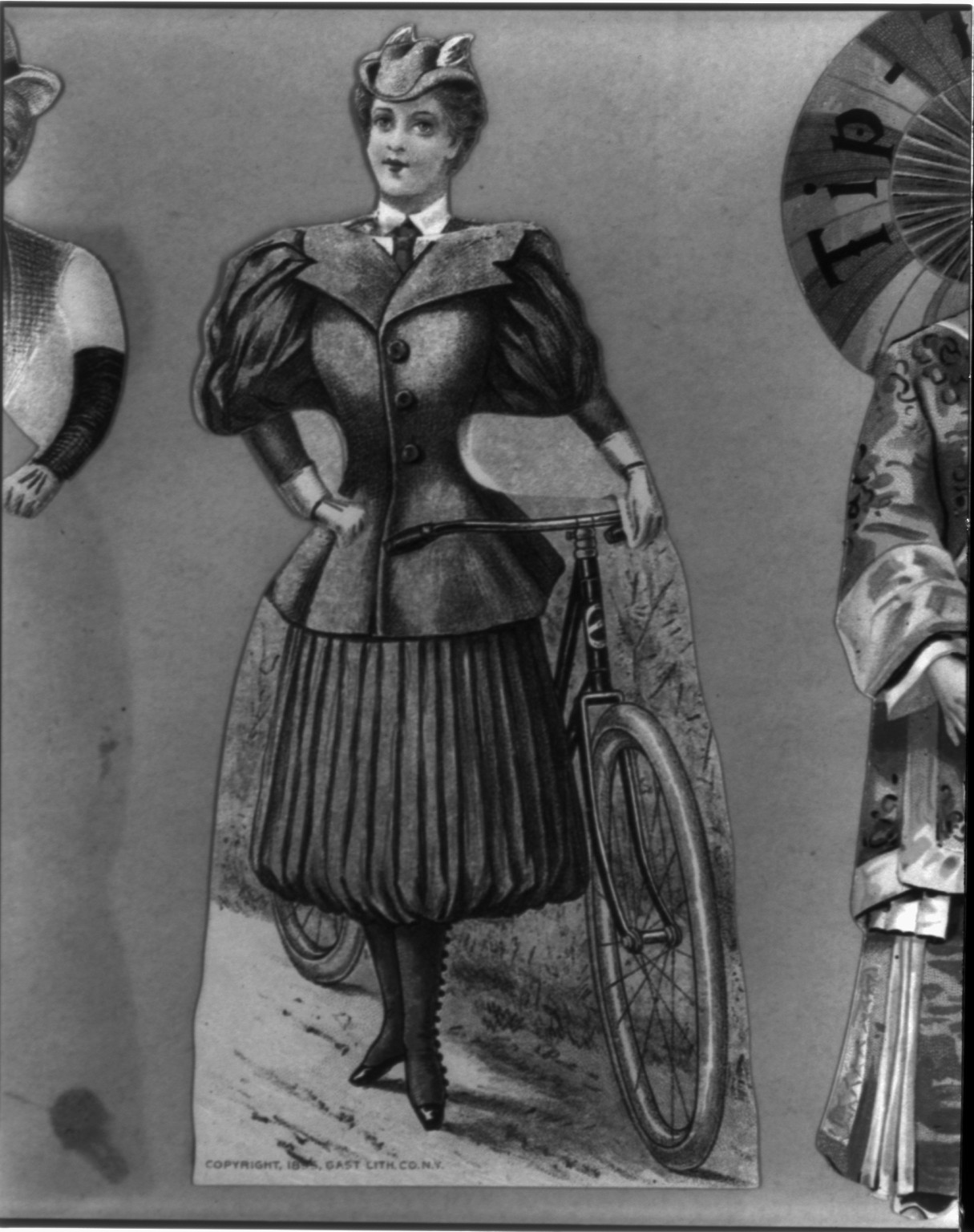 [Woman with bicycle wearing bicycling costume; 2 piece package enclosure for Pope Manufacturing Co., Hartford, Conn., manufacturers of Columbia Bicycles], c1895. — antique lithograph