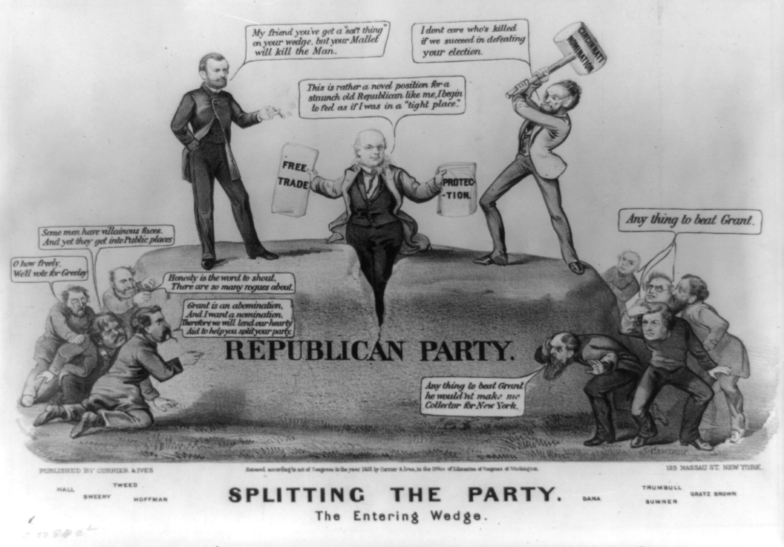 Splitting the party: the entering wedge, New York : Published by Currier & Ives, c1872. — antique lithograph